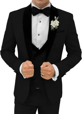 3 Piece Mens Tuxedo Suit Set Double Breasted Suit Men Slim Fit Tuxedo Suits with Bow for Groom Wedding Prom
