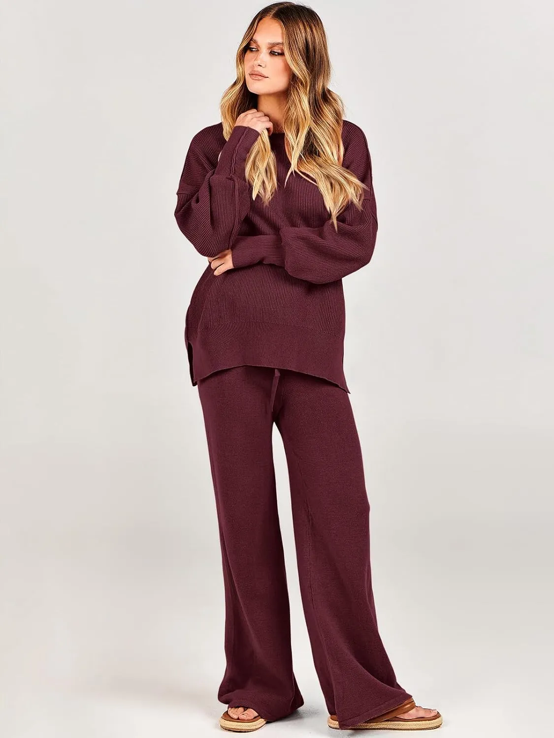 ANRABESS Women 2 Piece Outfits Oversized Chunky Knit Sweater Top Wide Leg Pants 2025 Fall Lounge Set Trendy Cozy Clothes