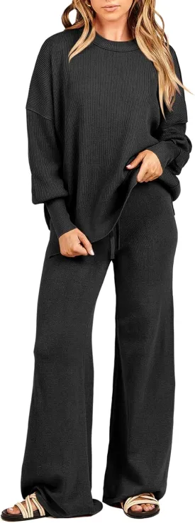ANRABESS Women 2 Piece Outfits Oversized Chunky Knit Sweater Top Wide Leg Pants 2025 Fall Lounge Set Trendy Cozy Clothes