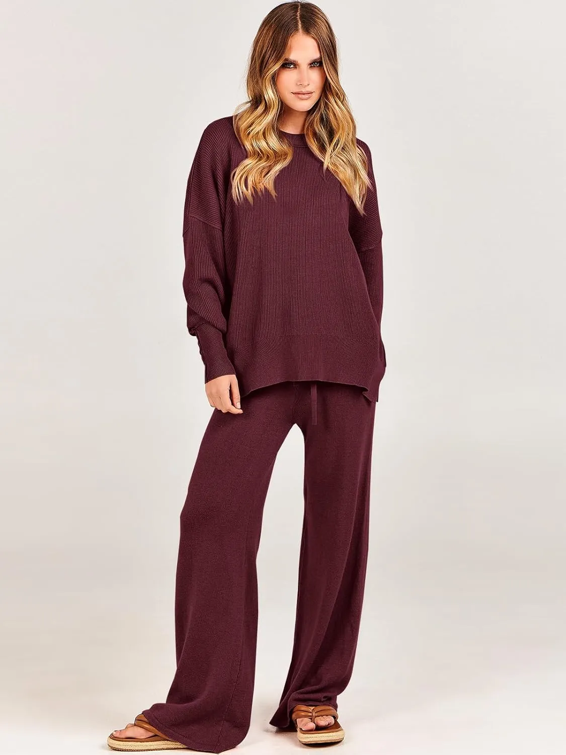 ANRABESS Women 2 Piece Outfits Oversized Chunky Knit Sweater Top Wide Leg Pants 2025 Fall Lounge Set Trendy Cozy Clothes
