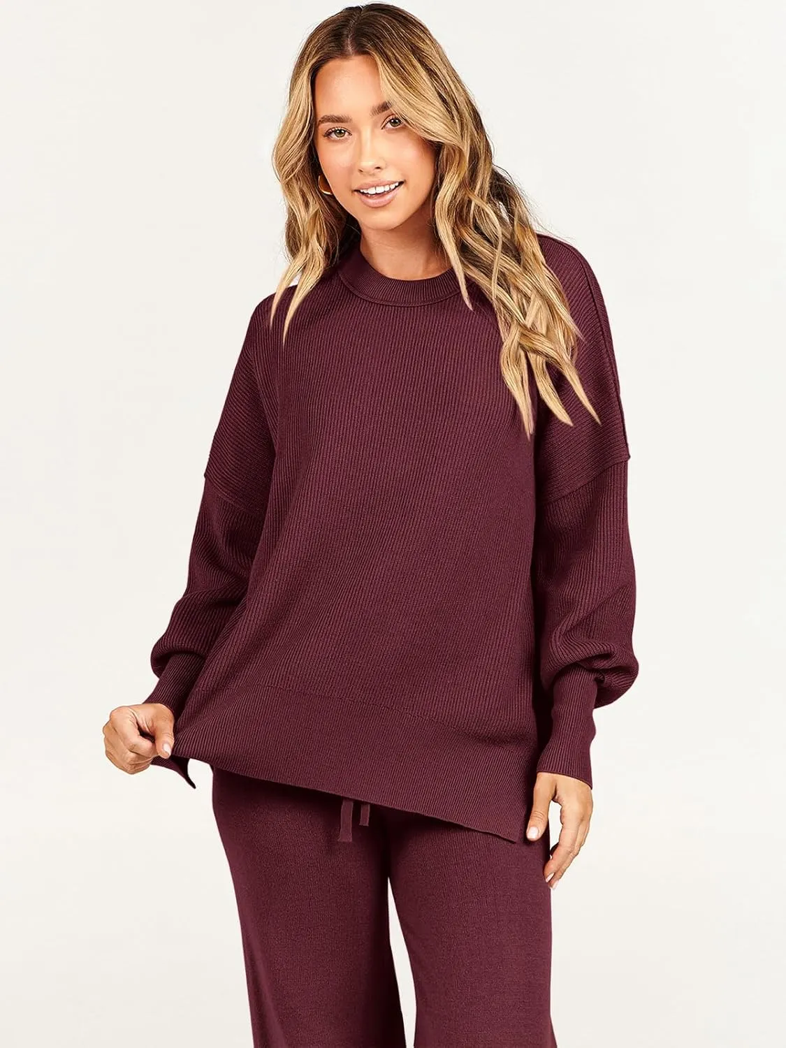 ANRABESS Women 2 Piece Outfits Oversized Chunky Knit Sweater Top Wide Leg Pants 2025 Fall Lounge Set Trendy Cozy Clothes