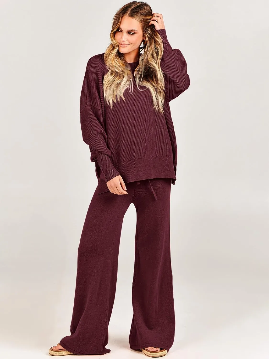 ANRABESS Women 2 Piece Outfits Oversized Chunky Knit Sweater Top Wide Leg Pants 2025 Fall Lounge Set Trendy Cozy Clothes