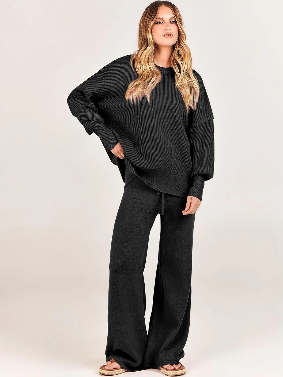 ANRABESS Women 2 Piece Outfits Oversized Chunky Knit Sweater Top Wide Leg Pants 2025 Fall Lounge Set Trendy Cozy Clothes