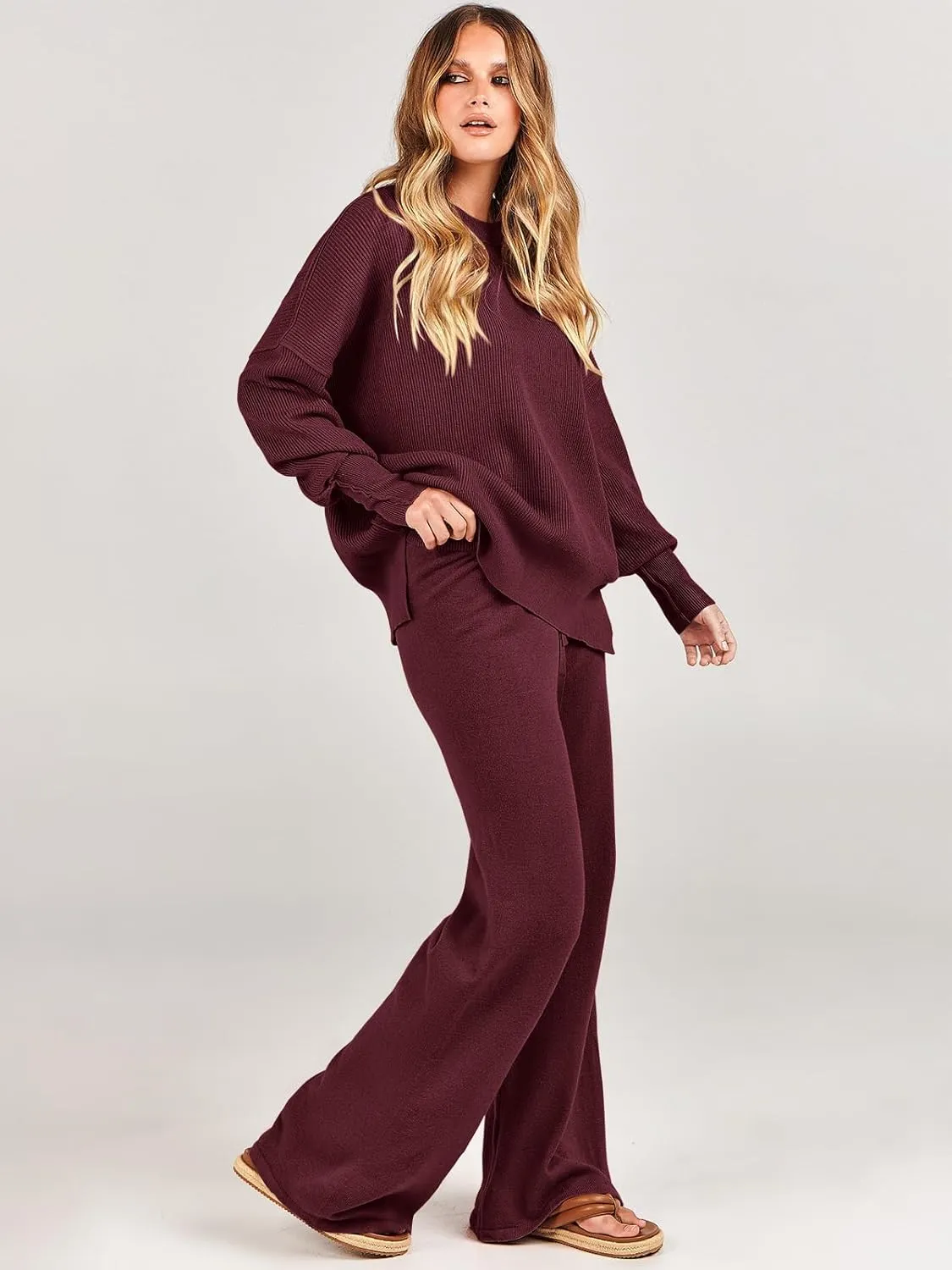 ANRABESS Women 2 Piece Outfits Oversized Chunky Knit Sweater Top Wide Leg Pants 2025 Fall Lounge Set Trendy Cozy Clothes