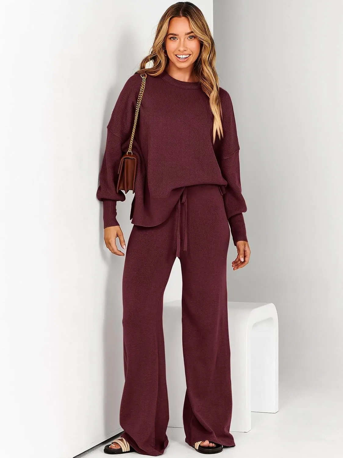 ANRABESS Women 2 Piece Outfits Oversized Chunky Knit Sweater Top Wide Leg Pants 2025 Fall Lounge Set Trendy Cozy Clothes