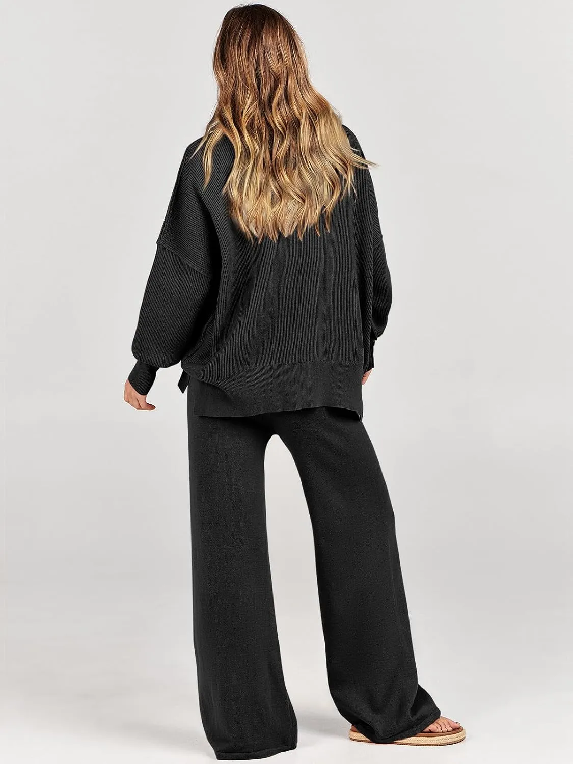 ANRABESS Women 2 Piece Outfits Oversized Chunky Knit Sweater Top Wide Leg Pants 2025 Fall Lounge Set Trendy Cozy Clothes