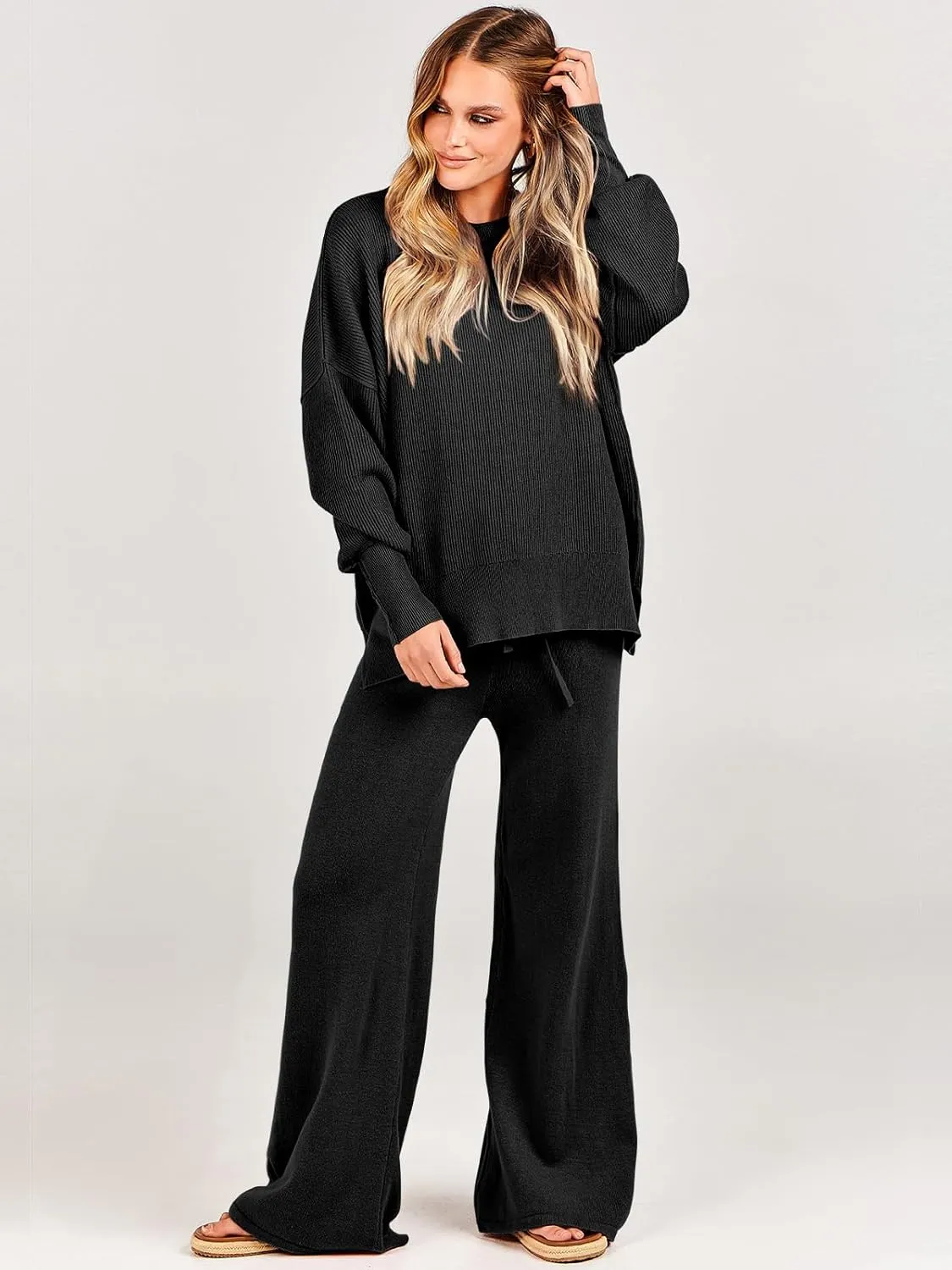 ANRABESS Women 2 Piece Outfits Oversized Chunky Knit Sweater Top Wide Leg Pants 2025 Fall Lounge Set Trendy Cozy Clothes