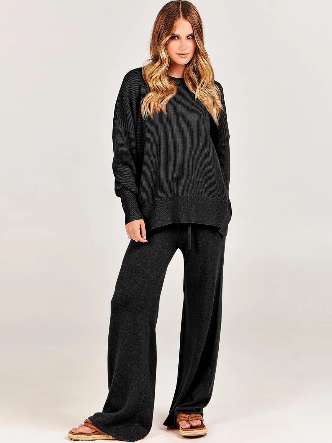 ANRABESS Women 2 Piece Outfits Oversized Chunky Knit Sweater Top Wide Leg Pants 2025 Fall Lounge Set Trendy Cozy Clothes