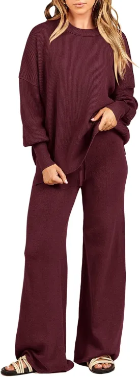ANRABESS Women 2 Piece Outfits Oversized Chunky Knit Sweater Top Wide Leg Pants 2025 Fall Lounge Set Trendy Cozy Clothes