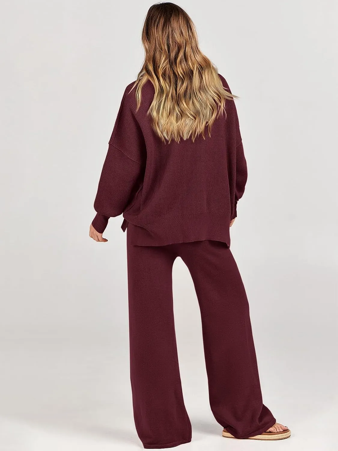 ANRABESS Women 2 Piece Outfits Oversized Chunky Knit Sweater Top Wide Leg Pants 2025 Fall Lounge Set Trendy Cozy Clothes