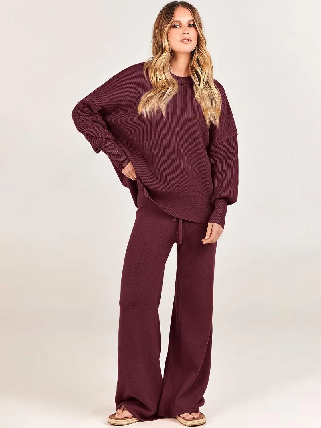 ANRABESS Women 2 Piece Outfits Oversized Chunky Knit Sweater Top Wide Leg Pants 2025 Fall Lounge Set Trendy Cozy Clothes