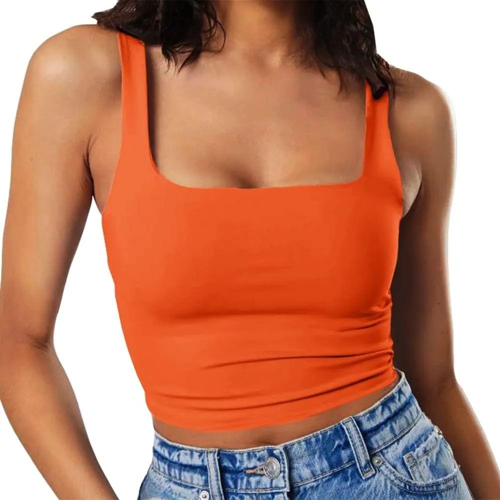 Artfish Women's Sleeveless Strappy Tank Square Neck Double Layer Workout Fitness Casual Basic Crop Tops