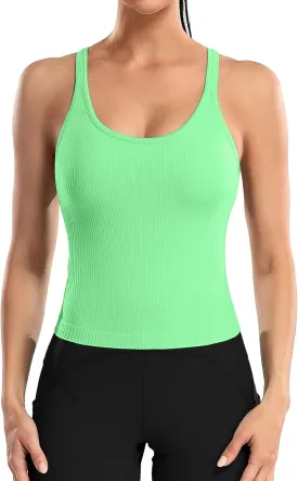 ATTRACO Women Ribbed Workout Crop Tops with Built in Bra Yoga Racerback Tank Top Tight Fit