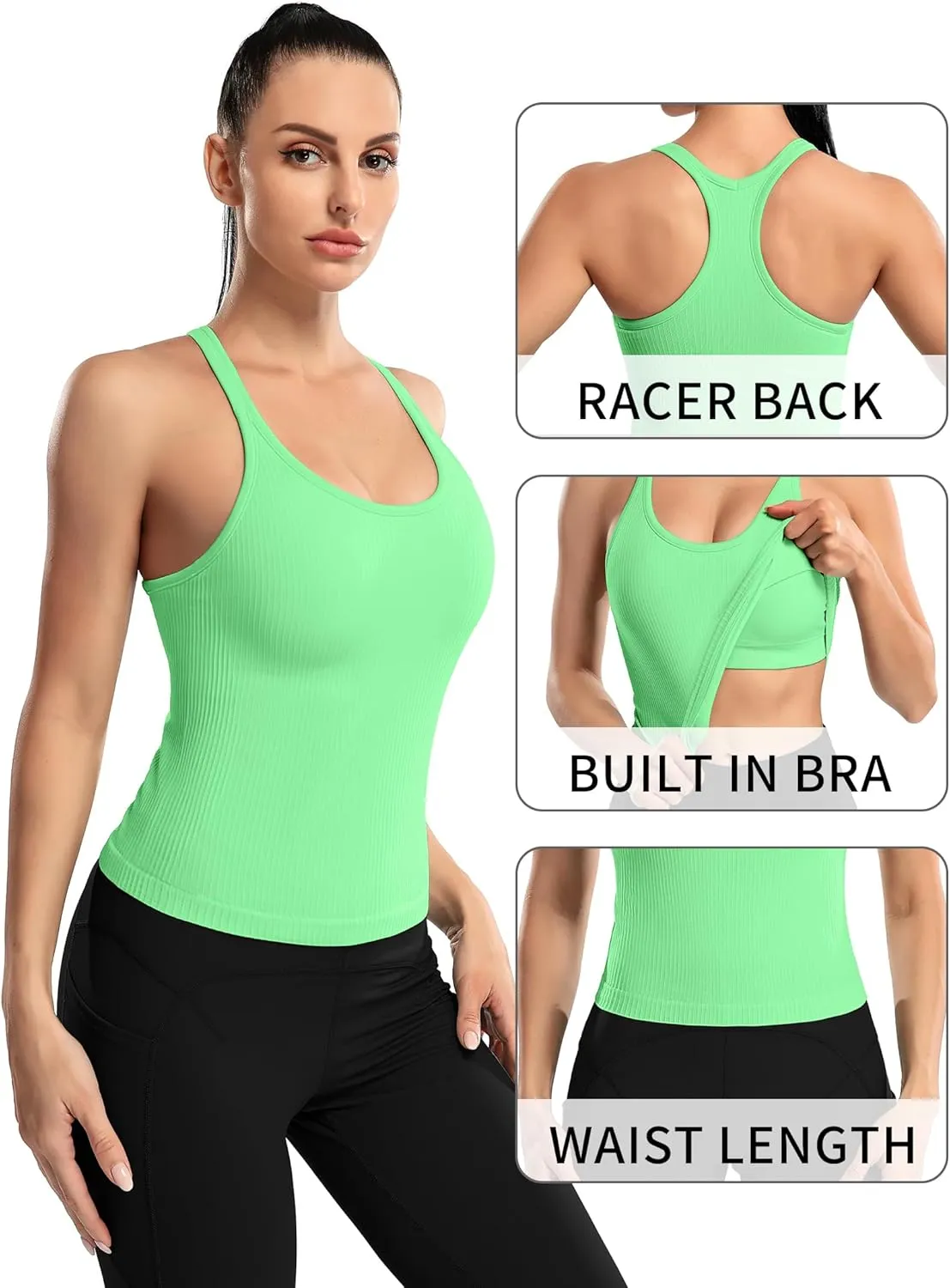 ATTRACO Women Ribbed Workout Crop Tops with Built in Bra Yoga Racerback Tank Top Tight Fit