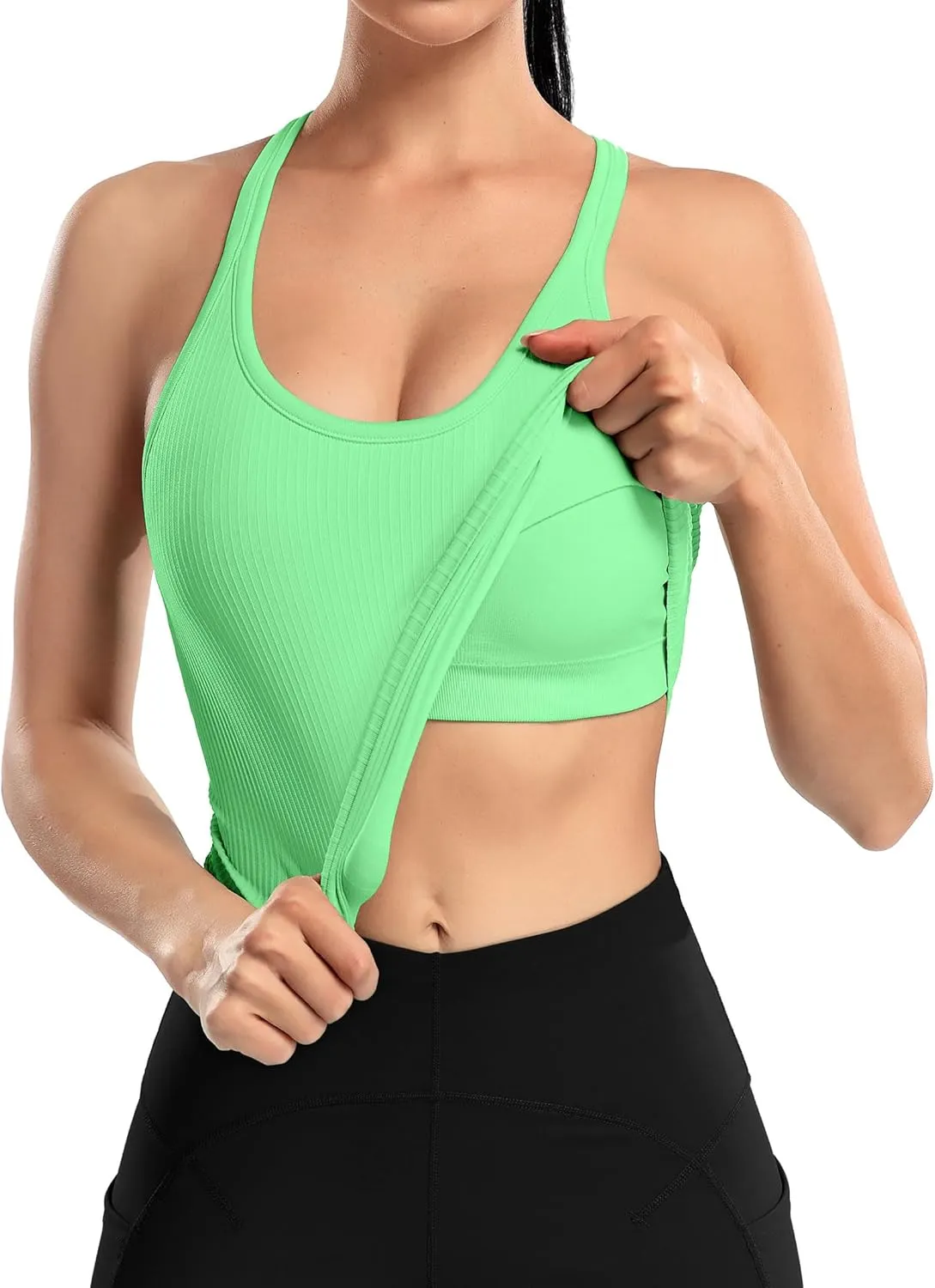 ATTRACO Women Ribbed Workout Crop Tops with Built in Bra Yoga Racerback Tank Top Tight Fit