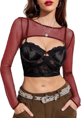 Avidlove Women Fishnet Long Sleeve Crop Top See Through Shirt Sheer Blouse Sexy Outfits