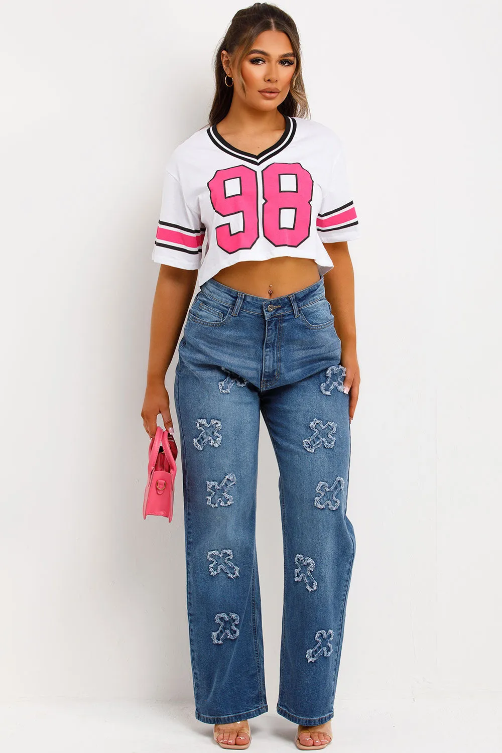 Baggy Jeans With Crosses Denim Blue