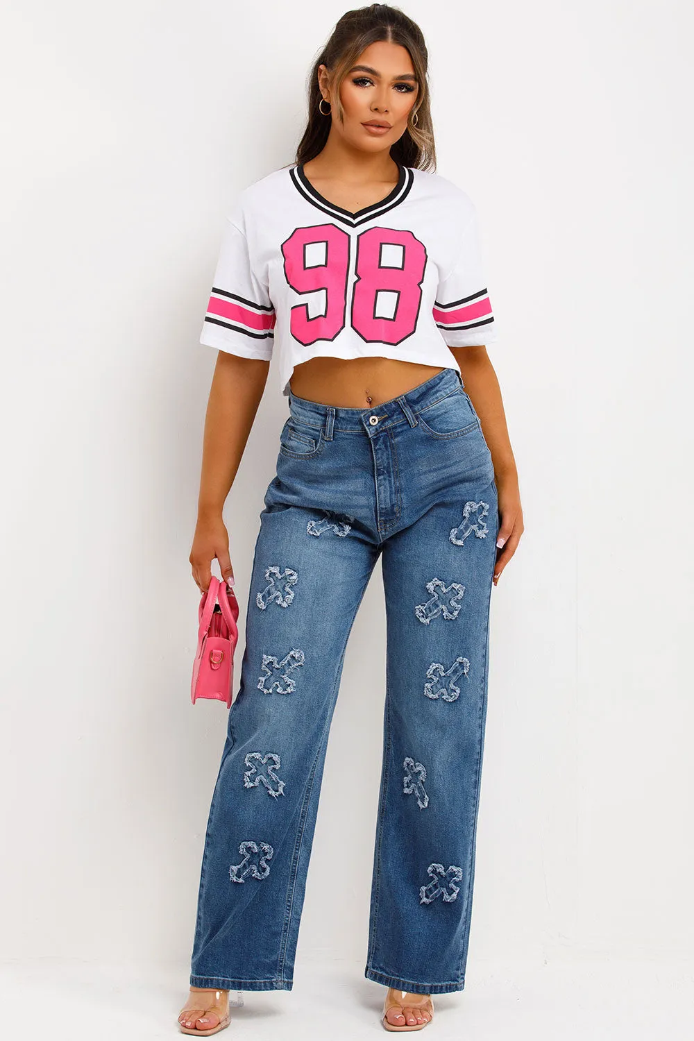 Baggy Jeans With Crosses Denim Blue