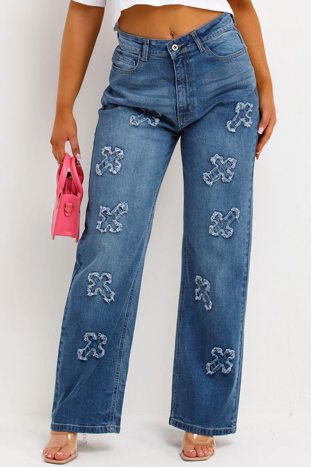 Baggy Jeans With Crosses Denim Blue