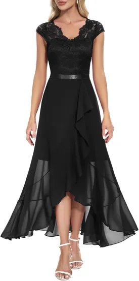 Bbonlinedress Women's V-Neck Dress for Women Wedding Guest Hi-Lo Floral Lace Prom Cocktail Party Formal Bridesmaid Dress