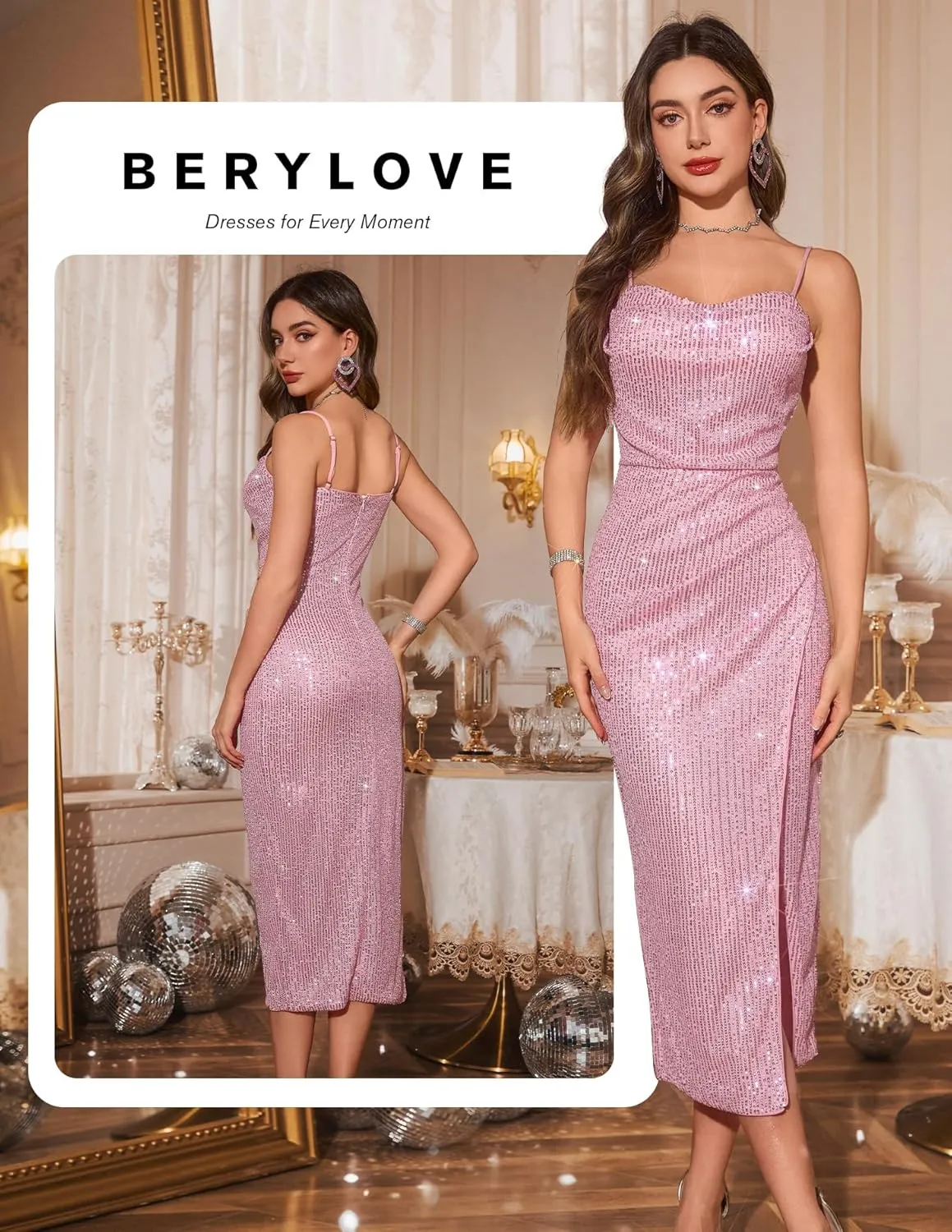 BeryLove Sequin Formal Wedding Guest Cocktail Spaghetti Strap Prom Bodycon Dress