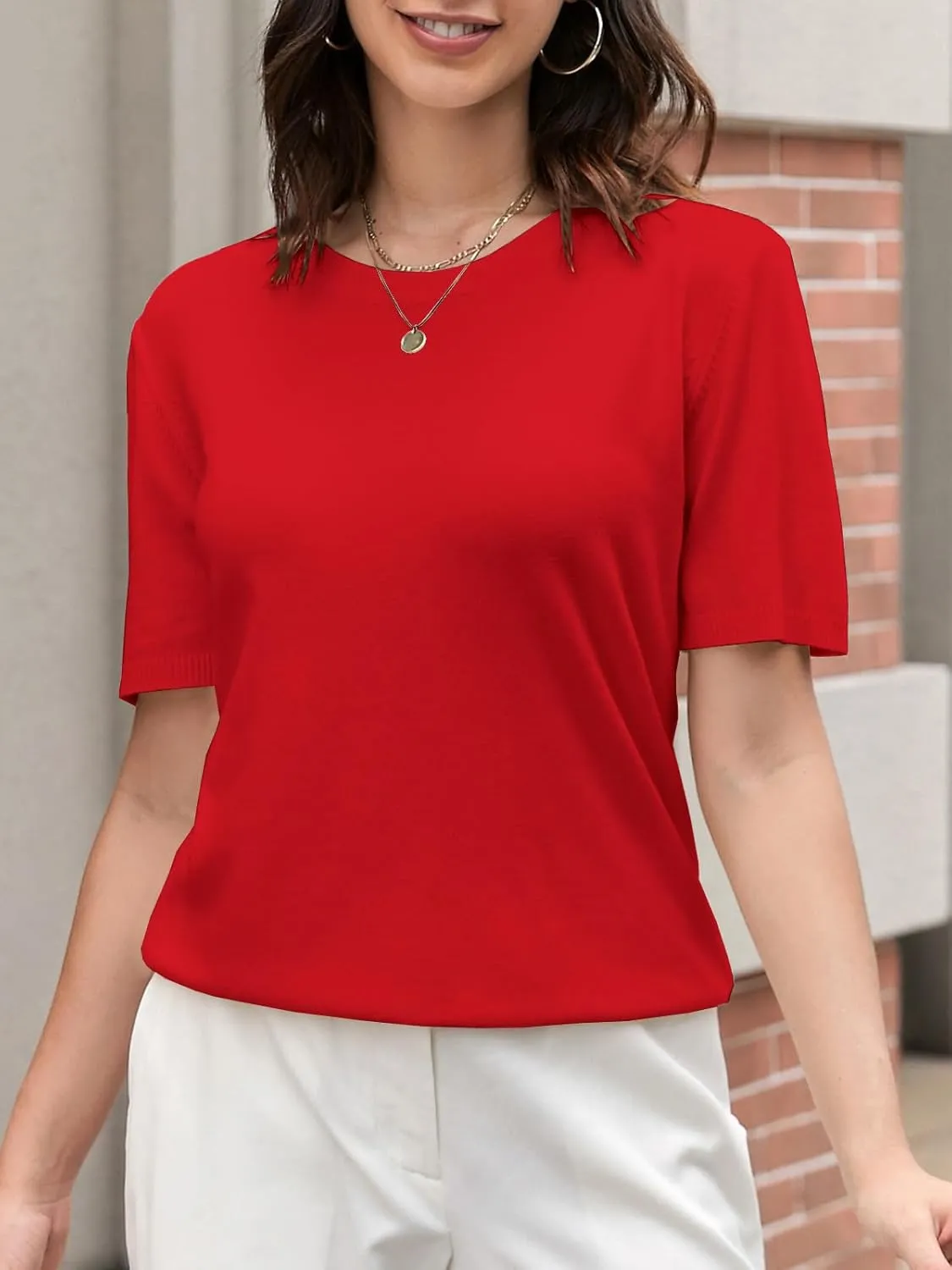 DAIMIDY Women's Short Sleeve Crew Neck Sweaters Lightweight Summer Sweater Casual Knit Pullover Tops