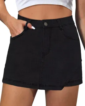 Denim Skorts for Women Skirt Stretchy High Waisted Womens Skirts Asymmetrical Hem Casual Mini Jean Skirt with Shorts