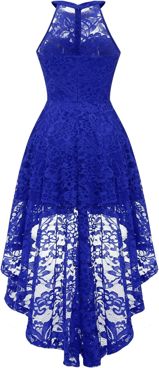 Dressystar Women's Halter Lace Cocktail Wedding Guest Dress Hi-Lo Bridesmaid Party Dresses with Sheer Neckline