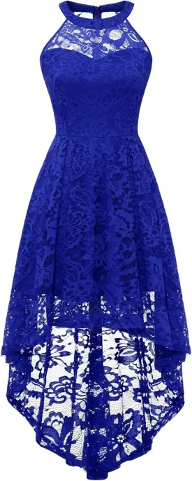 Dressystar Women's Halter Lace Cocktail Wedding Guest Dress Hi-Lo Bridesmaid Party Dresses with Sheer Neckline
