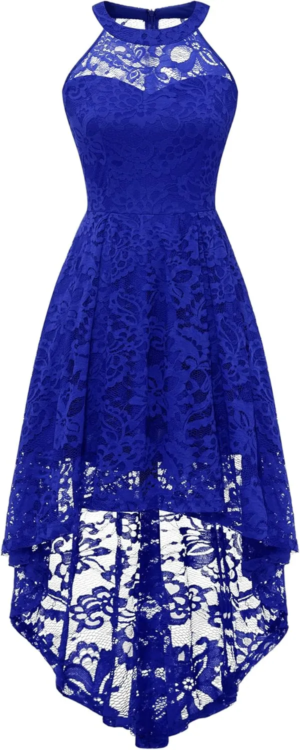 Dressystar Women's Halter Lace Cocktail Wedding Guest Dress Hi-Lo Bridesmaid Party Dresses with Sheer Neckline