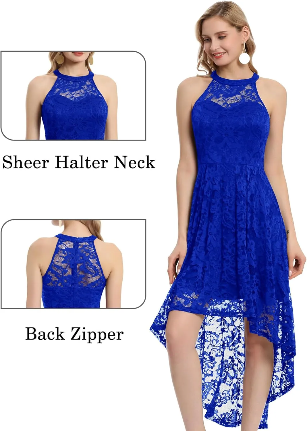 Dressystar Women's Halter Lace Cocktail Wedding Guest Dress Hi-Lo Bridesmaid Party Dresses with Sheer Neckline