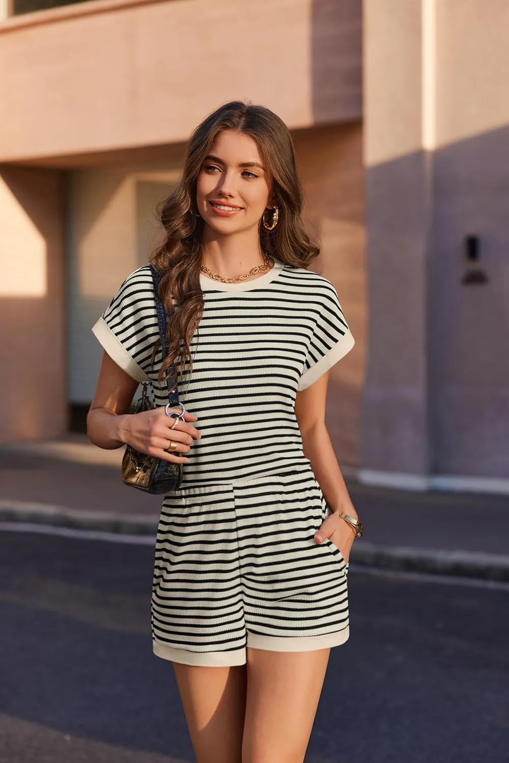 Ekouaer Waffle Knit Lounge Set Women Stripe Pajama Sets Short Sleeve Pj Tops and Shorts Matching loungewear with Pockets