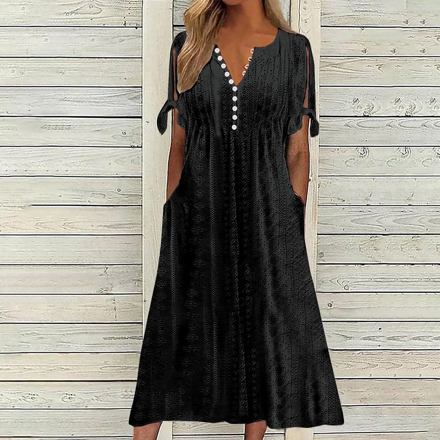 Eyelet Dress for Women Summer Beach Vacation Casual Cutout Short Sleeve Pleated V Neck Button Flowy Tshirt Midi Dresses