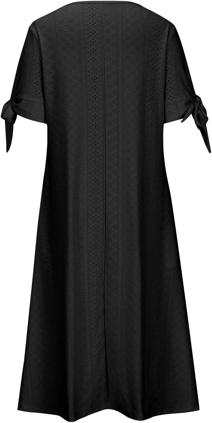 Eyelet Dress for Women Summer Beach Vacation Casual Cutout Short Sleeve Pleated V Neck Button Flowy Tshirt Midi Dresses