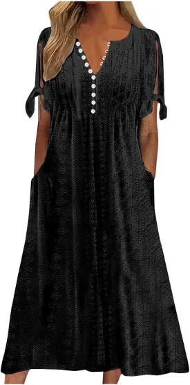 Eyelet Dress for Women Summer Beach Vacation Casual Cutout Short Sleeve Pleated V Neck Button Flowy Tshirt Midi Dresses