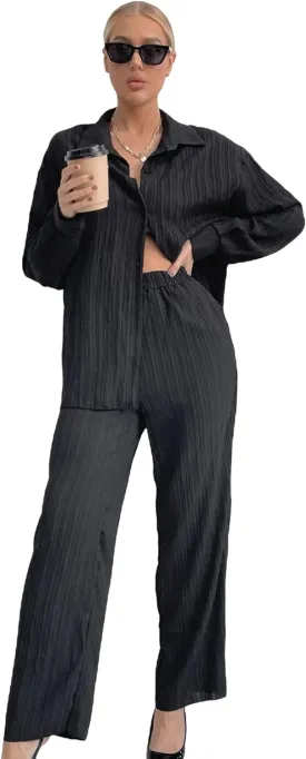Floerns Women's 2 Piece Outfits Slit Hem Longline Blouse and Wide Leg Pants Set