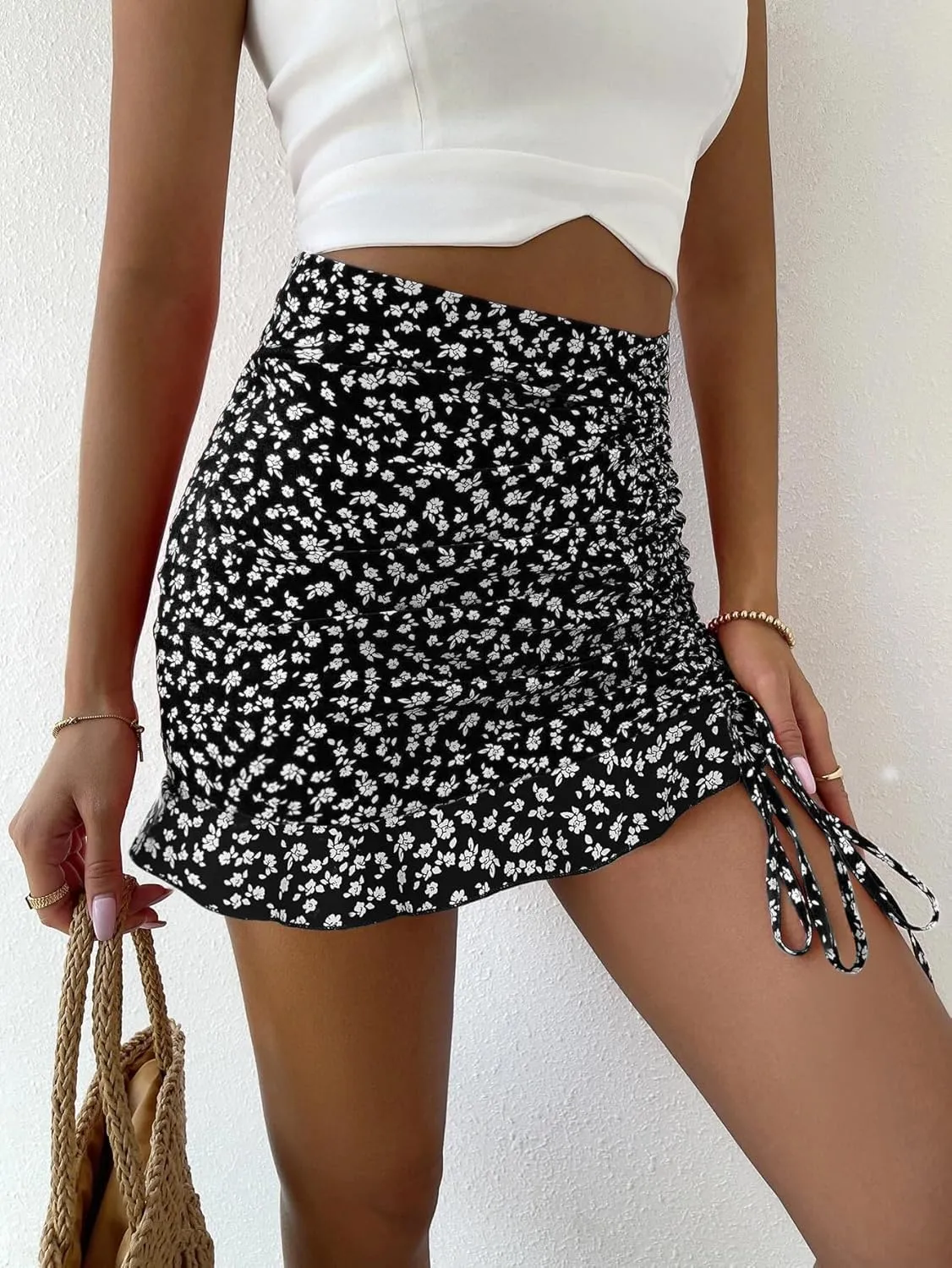 Floerns Women's Ditsy Floral High Waist Drawstring Ruched Side Ruffle Hem Bodycon Mini Skirt