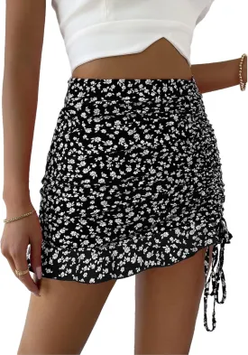 Floerns Women's Ditsy Floral High Waist Drawstring Ruched Side Ruffle Hem Bodycon Mini Skirt