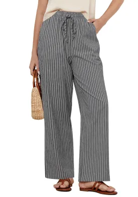 Gray Black Stripe Women's Drawstring Full Length High Waist Long Pants Wide Leg Striped Trousers