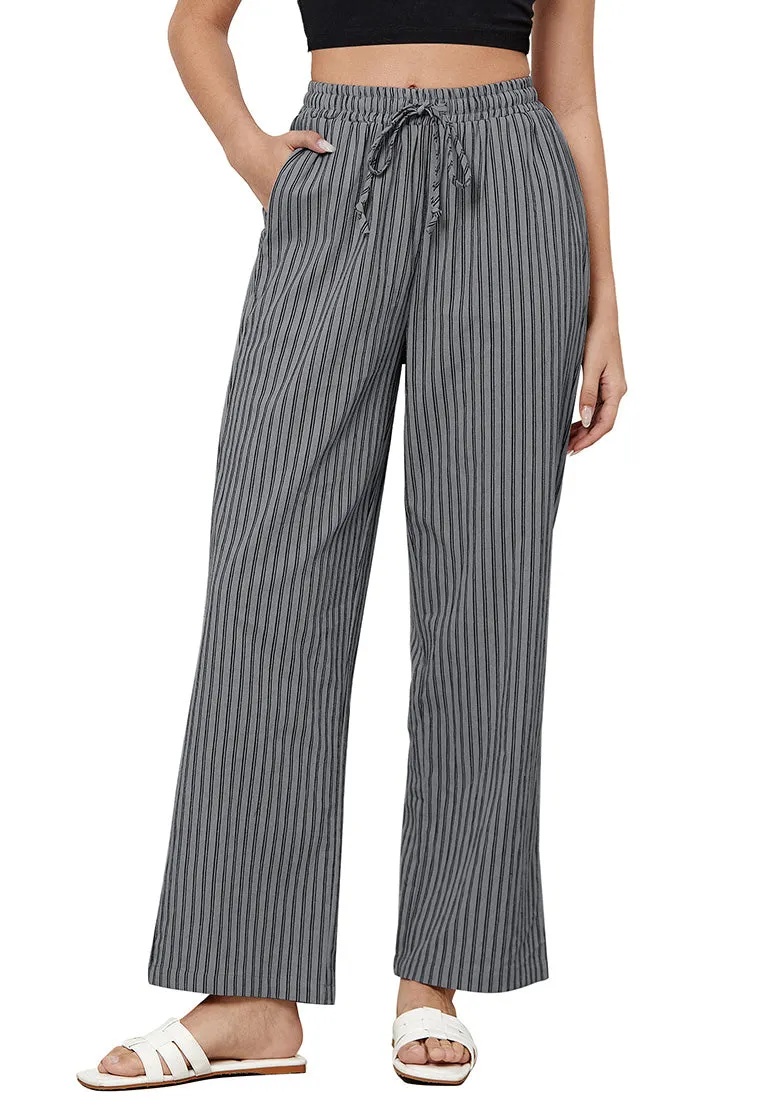 Gray Black Stripe Women's Drawstring Full Length High Waist Long Pants Wide Leg Striped Trousers