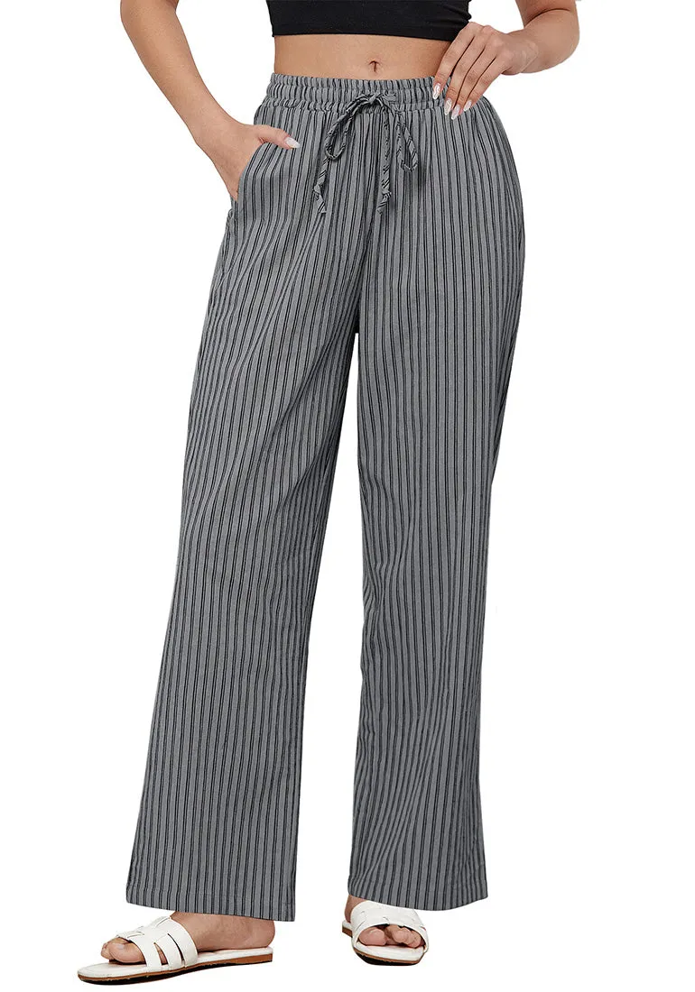Gray Black Stripe Women's Drawstring Full Length High Waist Long Pants Wide Leg Striped Trousers