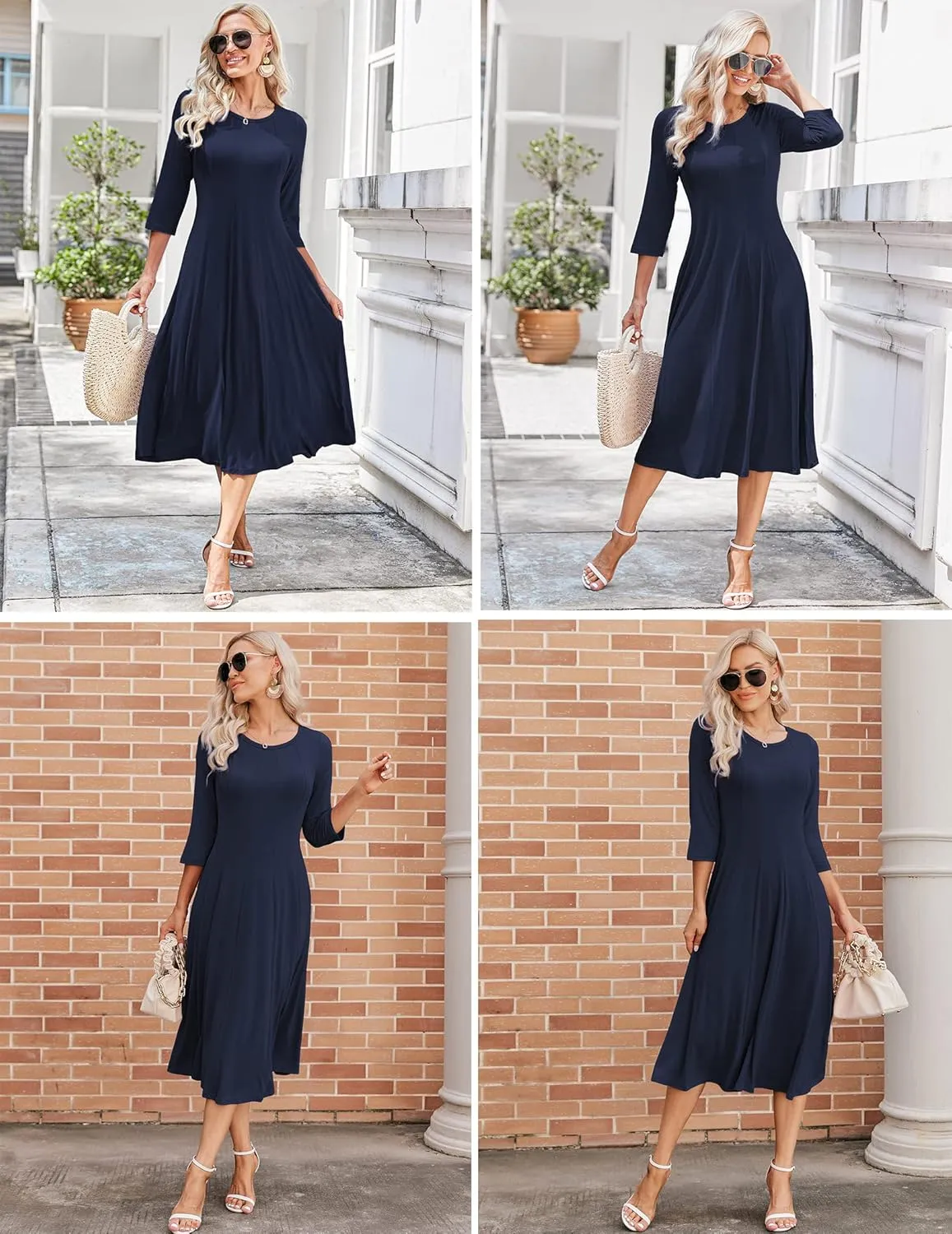 HOTOUCH Women's 3/4 Sleeve A-line and Flare Midi Long Dress