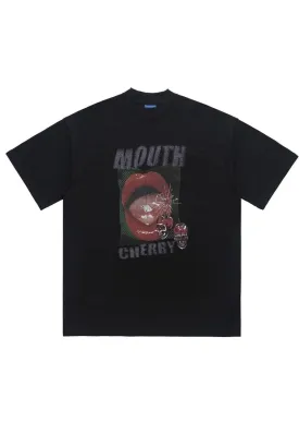 Lips print t-shirt grunge lipstick tee mouth top in black
