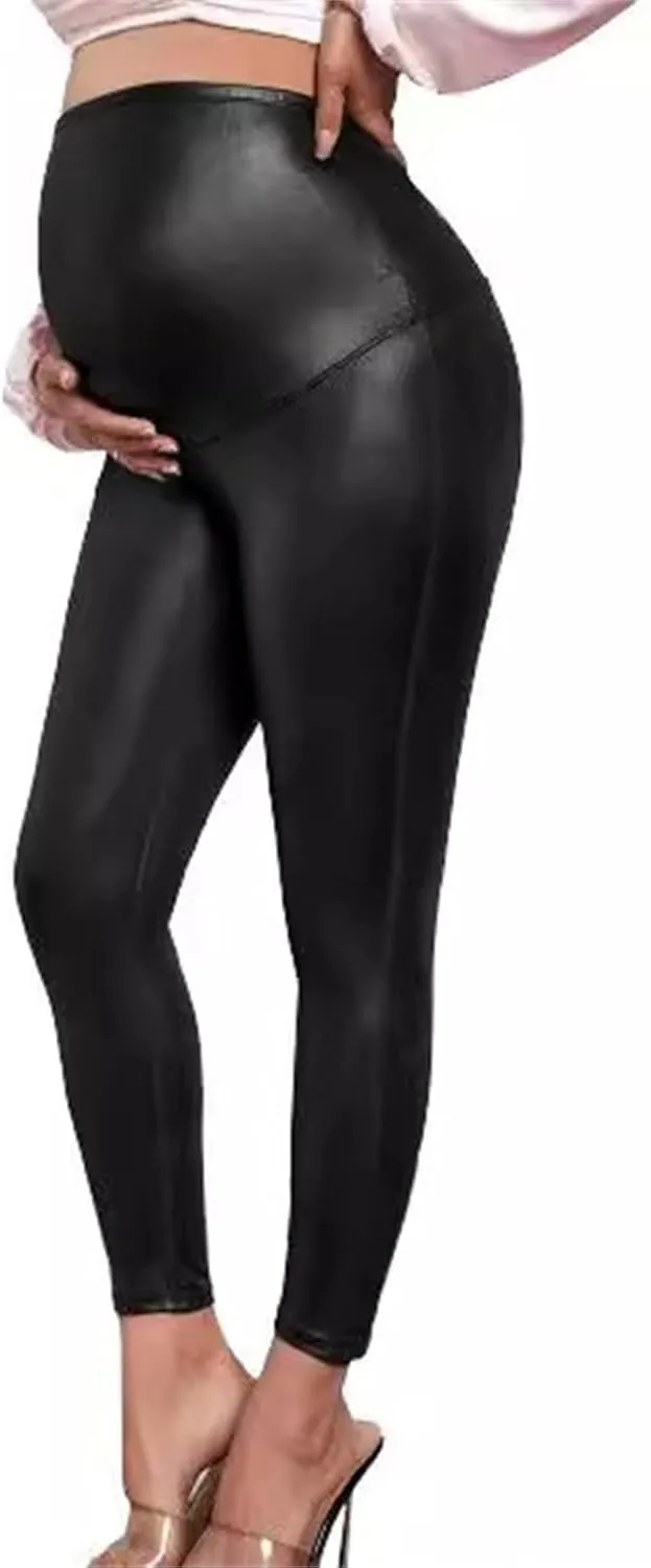 Lmdudan Maternity Women's Leggings Faux Leather Stretch Full Length Pregnant Clothes Over The Belly Pregnancy Legging Pants