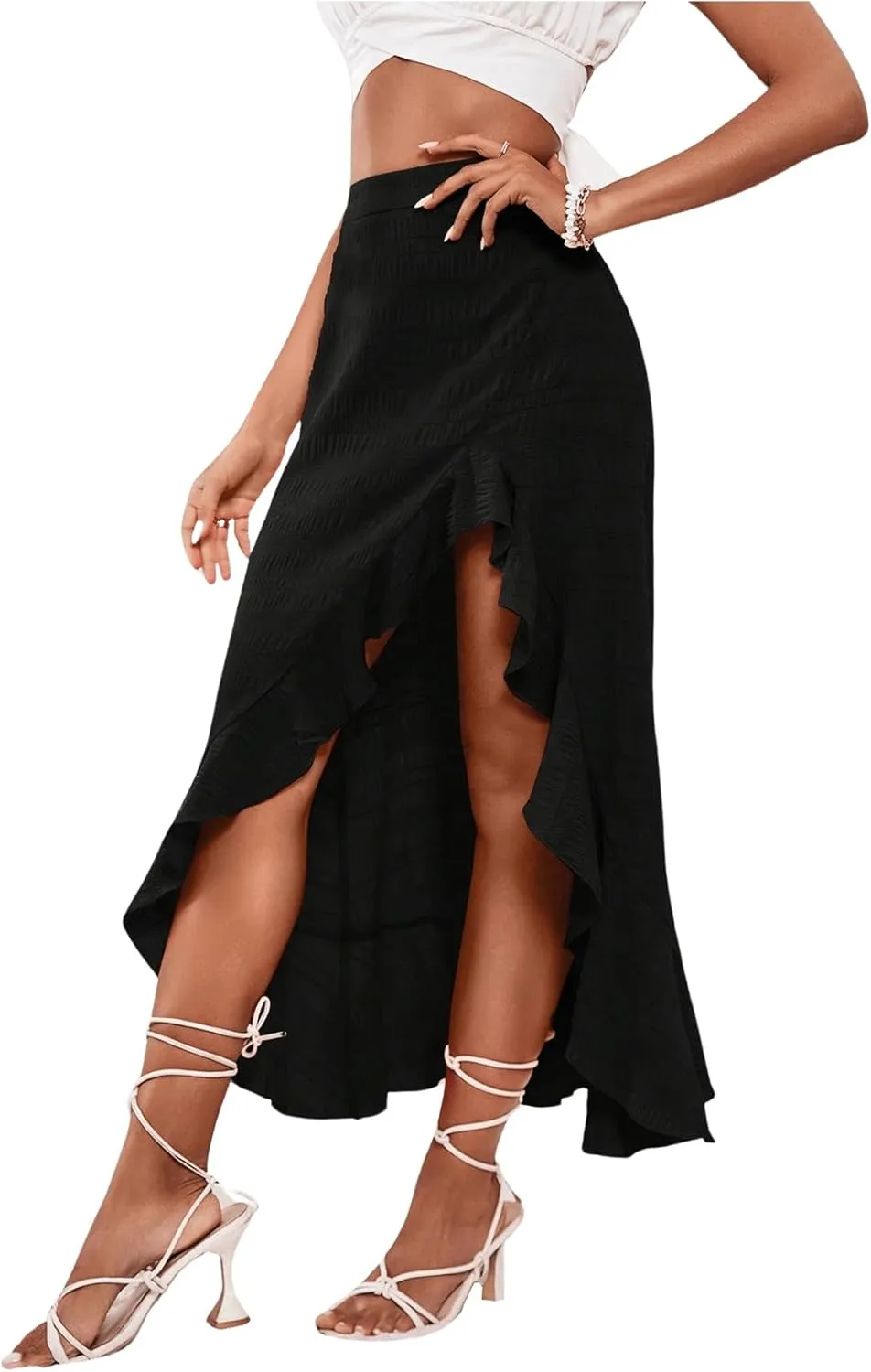 MakeMeChic Women's Boho Floral High Waisted Ruffle Skirt Split Thigh Swing Summer Maxi Long Skirt