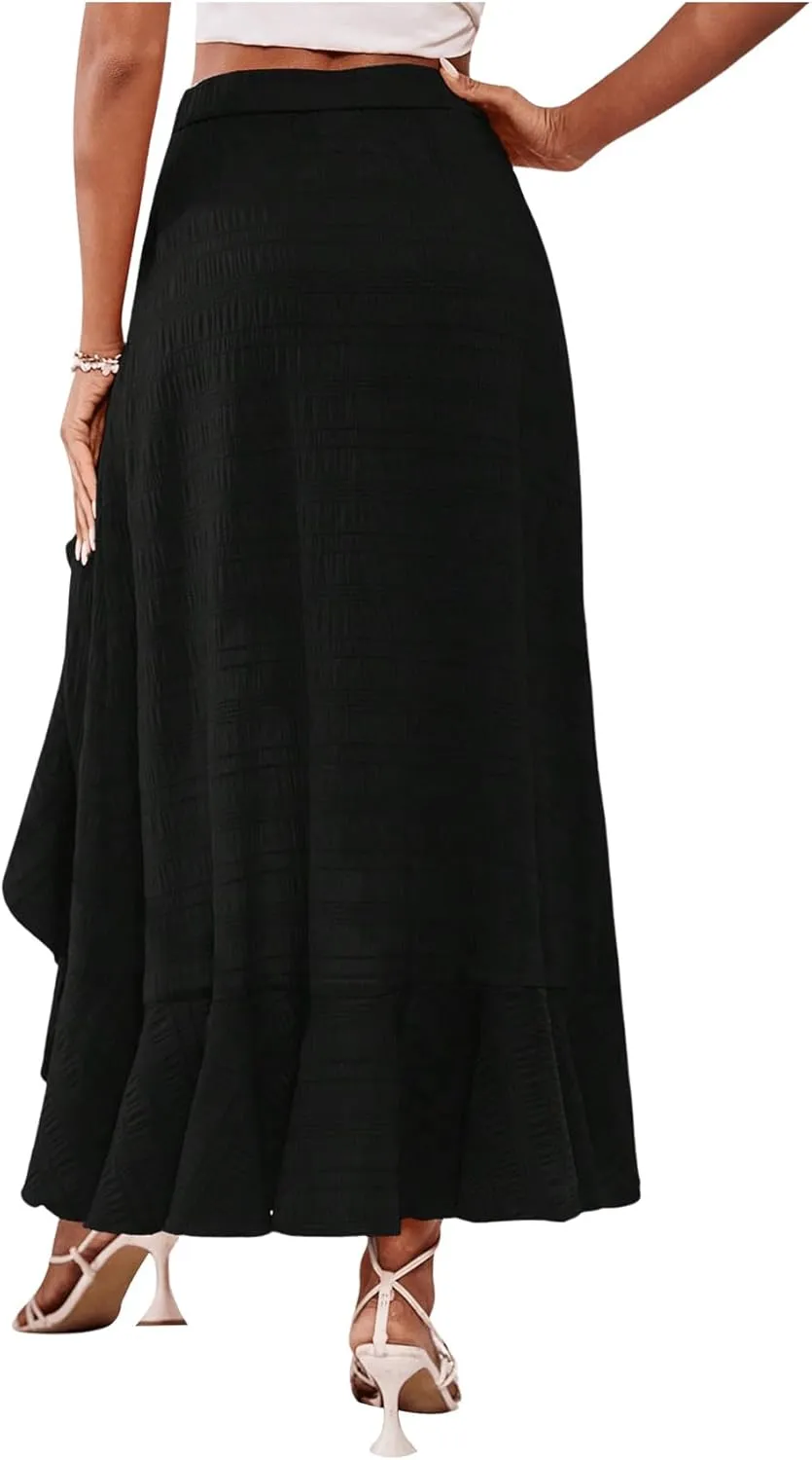 MakeMeChic Women's Boho Floral High Waisted Ruffle Skirt Split Thigh Swing Summer Maxi Long Skirt