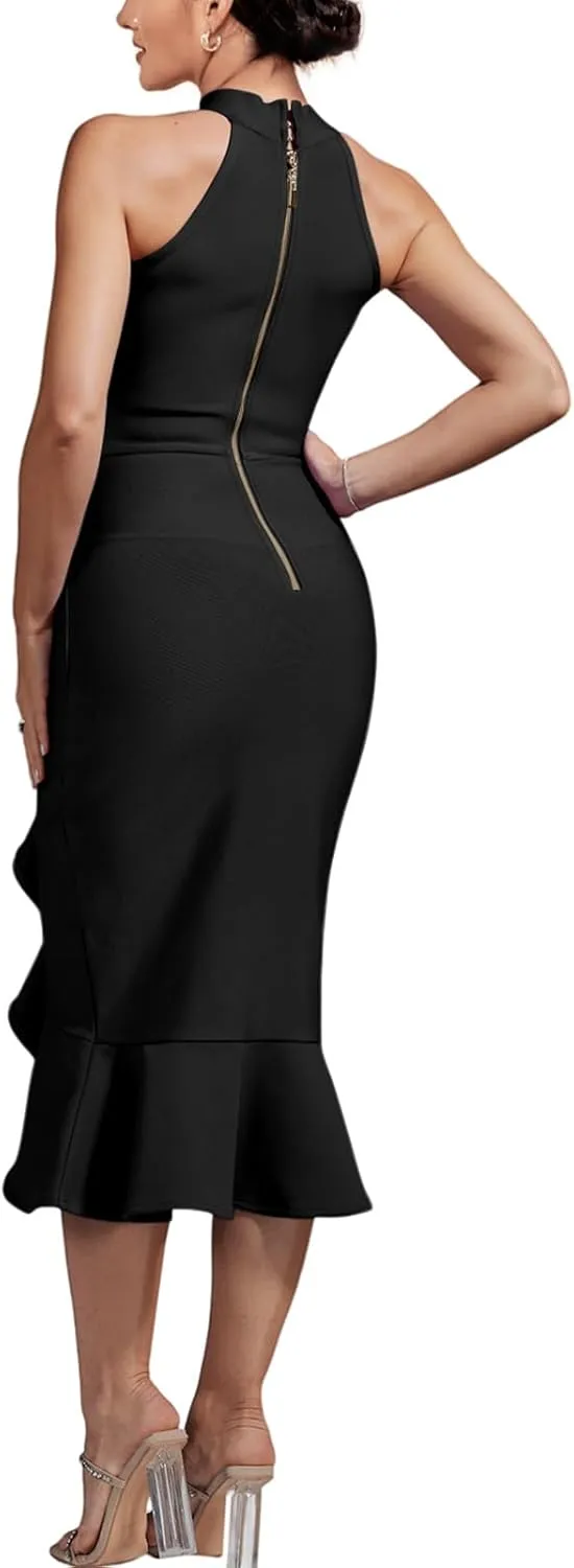Maketina Women's Halter Mermaid Bandage Dresses Bodycon Ruffle Party Cocktail Wedding Guest Dress
