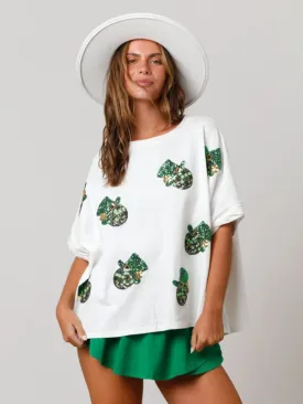 Mariah Women's St. Patrick's Hat Sequin Top Loose T-Shirt