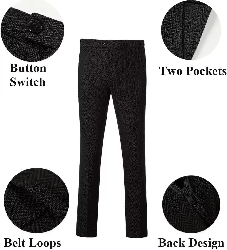 Mens Suit Slim Fit Tweed Herringbone Suit for Men Wool Blend Blazer Vest Pants Tuxedo Set