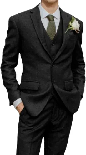 Mens Suit Slim Fit Tweed Herringbone Suit for Men Wool Blend Blazer Vest Pants Tuxedo Set